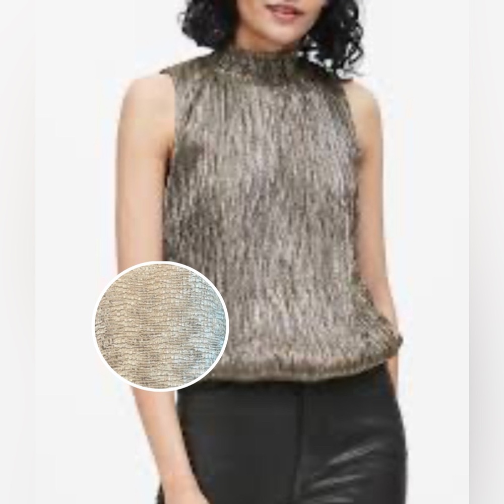 Plisse Sleeveless Gold Mock Neck Crinkle Fabric Sleeveless Top/Tank/Shell large.